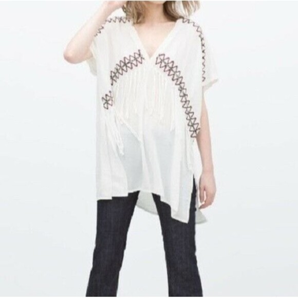 Zara Tunic White Ethnic Tribal Embroidery Fringe Trim Top Womens Size S - Picture 1 of 10